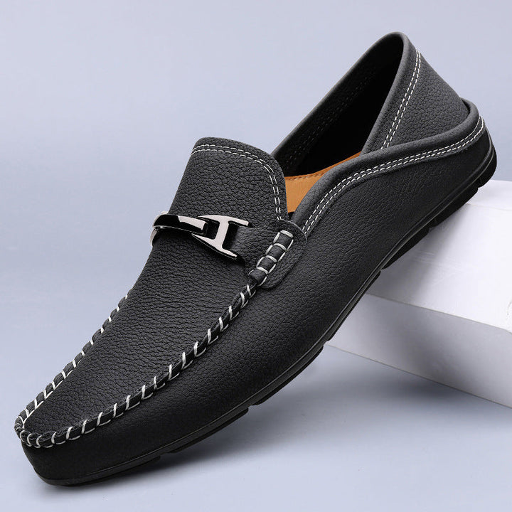 Men’s Leather Driving Loafers with Metal Buckle | Slip-On Moccasins