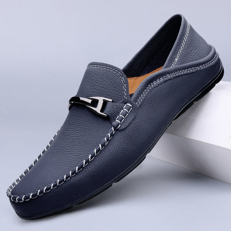 Men’s Leather Driving Loafers with Metal Buckle | Slip-On Moccasins