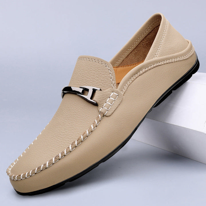 Men’s Leather Driving Loafers with Metal Buckle | Slip-On Moccasins
