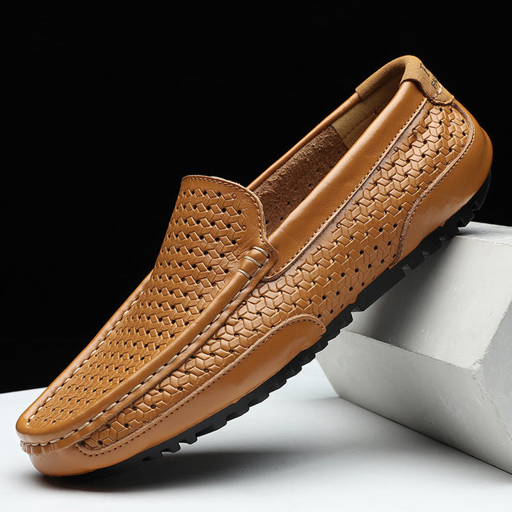 Men’s Woven Leather Slip-On Loafers | Breathable Driving Shoes