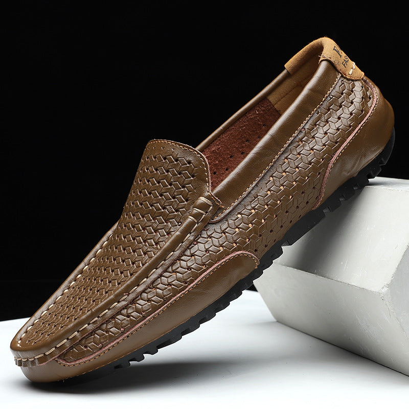 Men’s Woven Leather Slip-On Loafers | Breathable Driving Shoes
