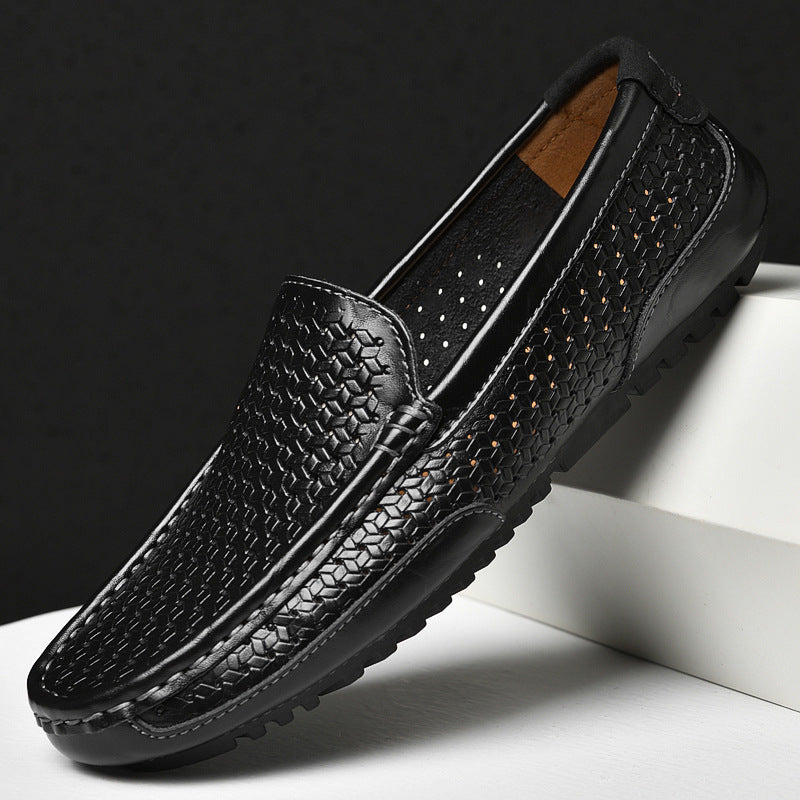 Men’s Woven Leather Slip-On Loafers | Breathable Driving Shoes