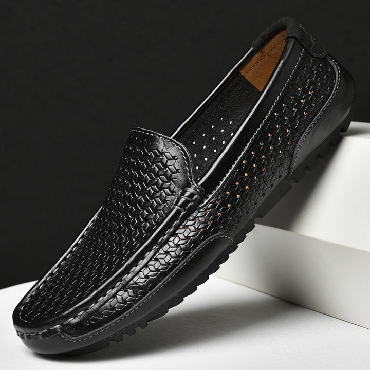 Men’s Woven Leather Slip-On Loafers | Breathable Driving Shoes