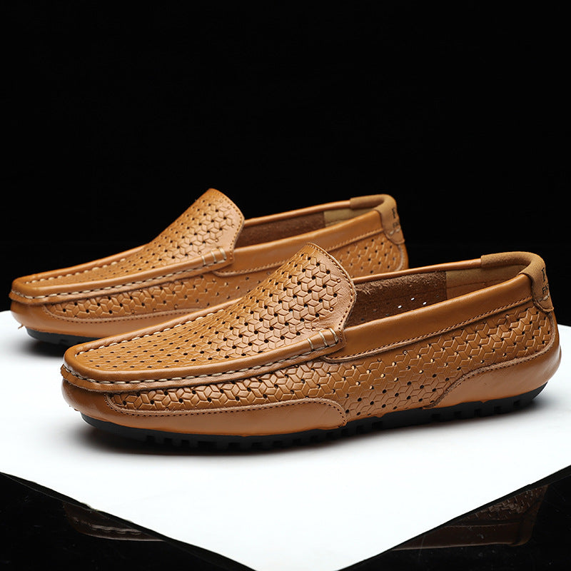 Men’s Woven Leather Slip-On Loafers | Breathable Driving Shoes