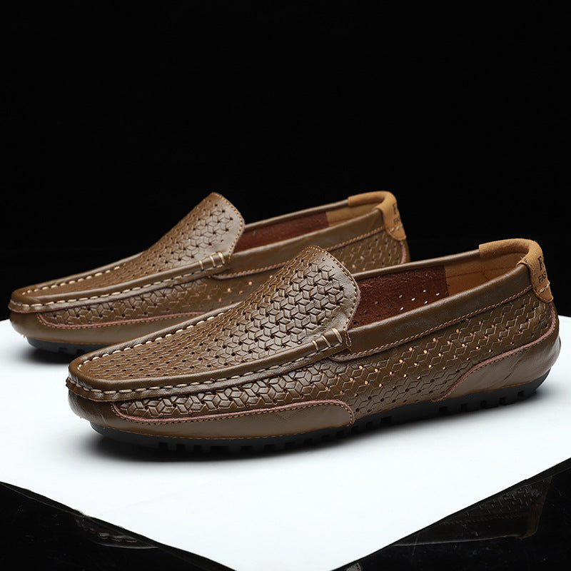 Men’s Woven Leather Slip-On Loafers | Breathable Driving Shoes