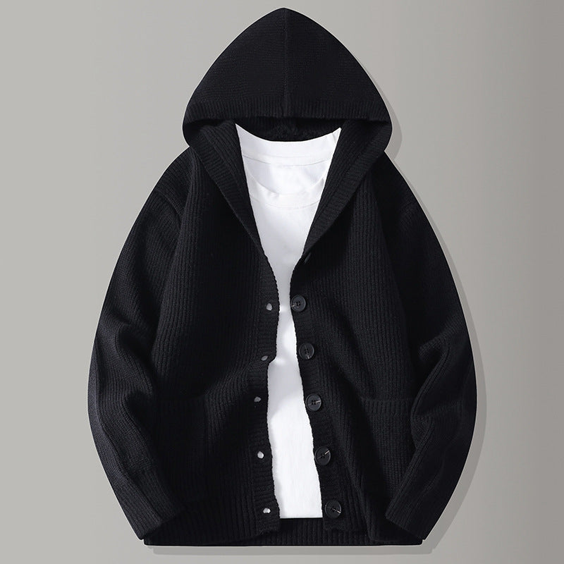 Men's Hooded Knit Button-Up Ribbed Cardigan