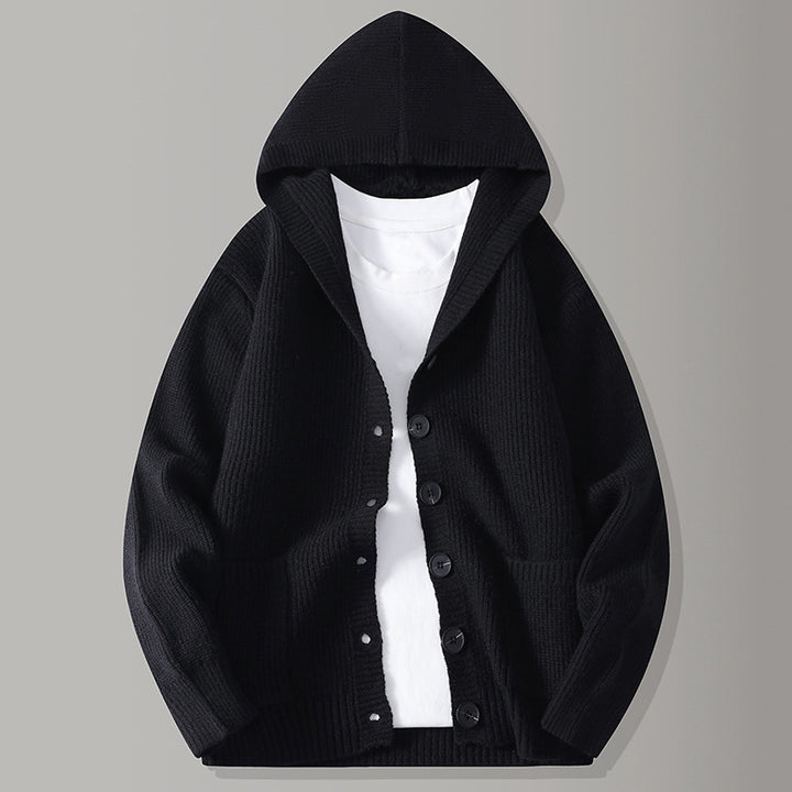 Men's Hooded Knit Button-Up Ribbed Cardigan