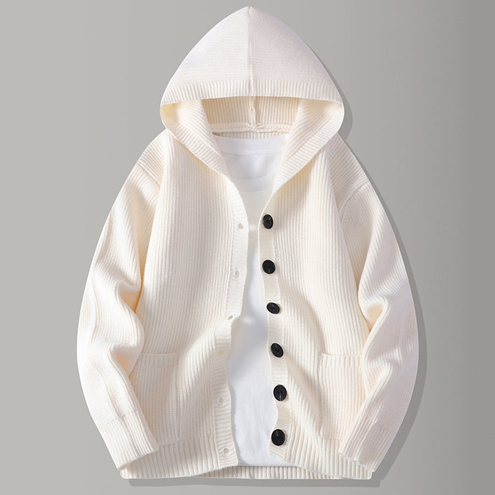 Men's Hooded Knit Button-Up Ribbed Cardigan