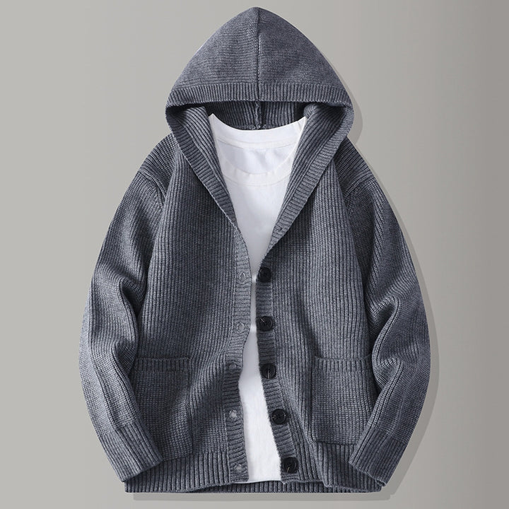 Men's Hooded Knit Button-Up Ribbed Cardigan