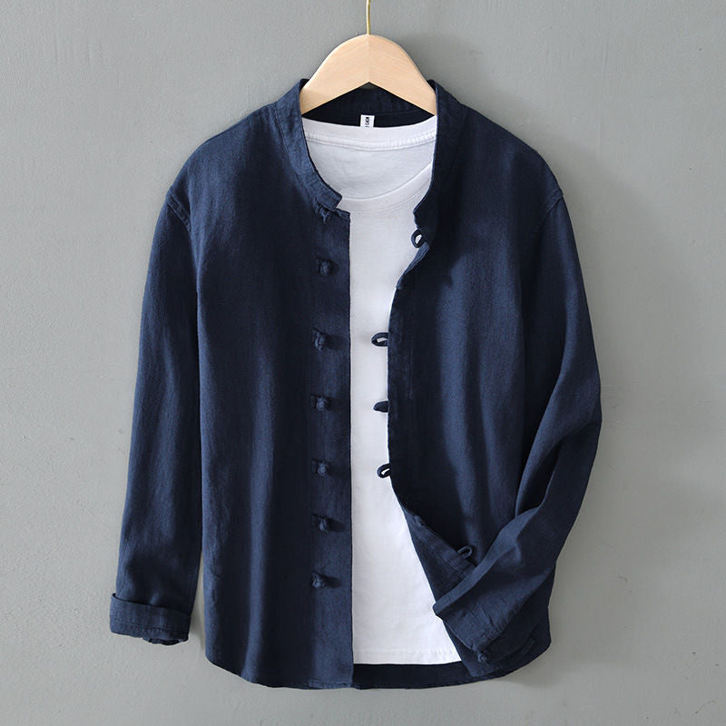 Men’s Mandarin Collar Casual Button Shirt – Long Sleeve Fit