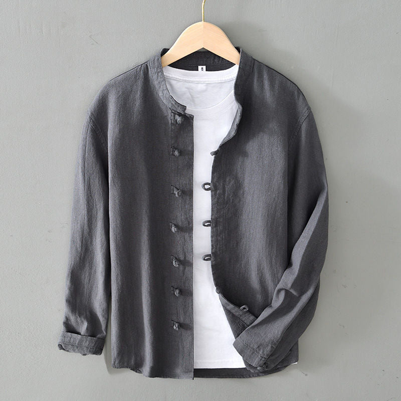 Men’s Mandarin Collar Casual Button Shirt – Long Sleeve Fit