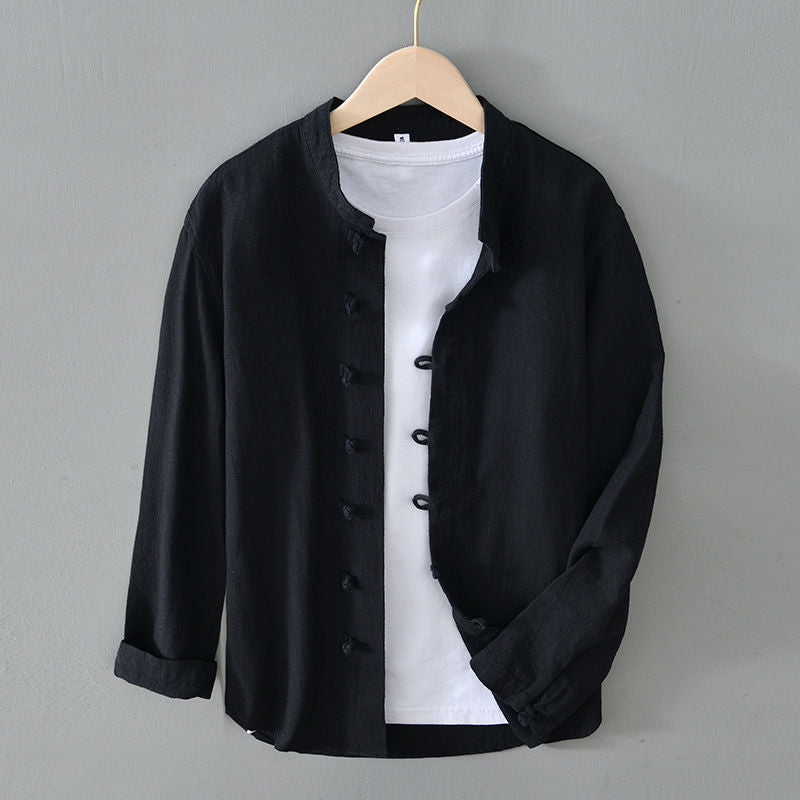 Men’s Mandarin Collar Casual Button Shirt – Long Sleeve Fit
