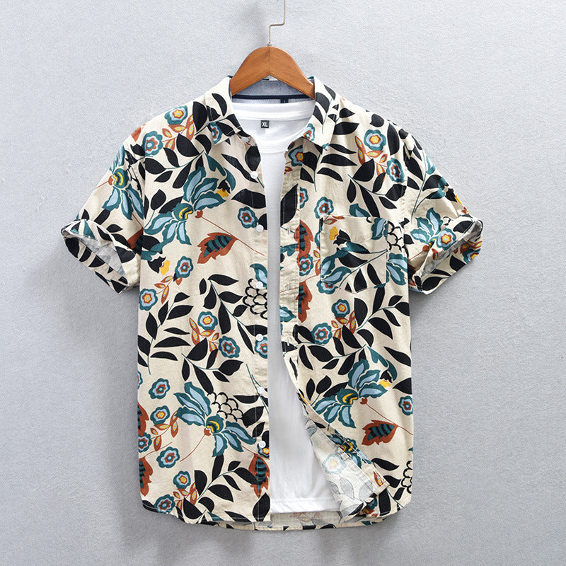 Men's Floral Cotton Casual Short Sleeve Shirt