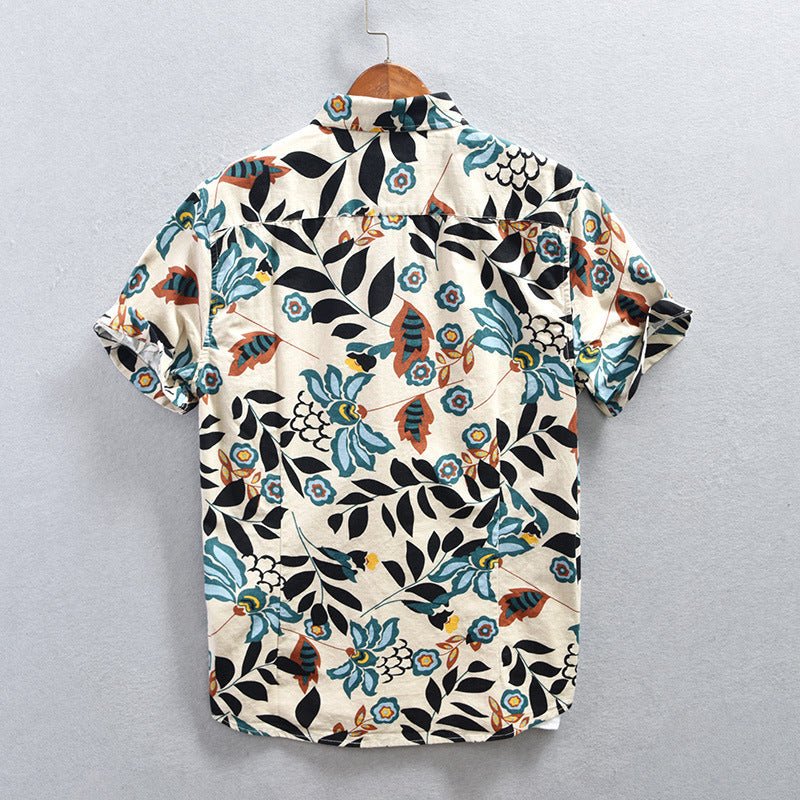 Men's Floral Cotton Casual Short Sleeve Shirt