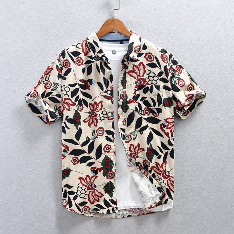 Men's Floral Cotton Casual Short Sleeve Shirt