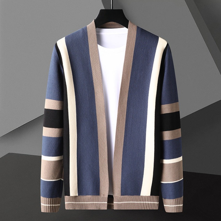 Men's Striped Knit Lightweight Cardigan Soft Sweater