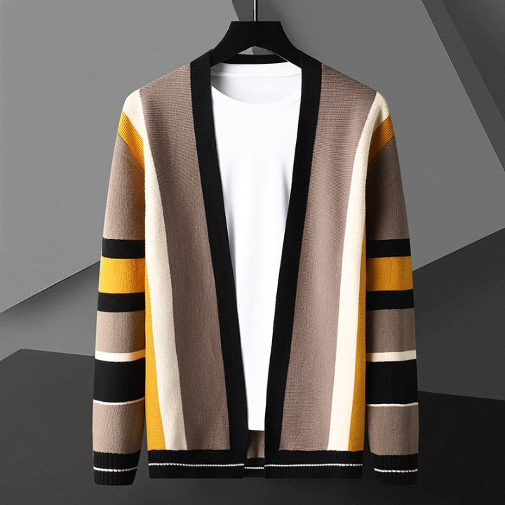 Men's Striped Knit Lightweight Cardigan Soft Sweater