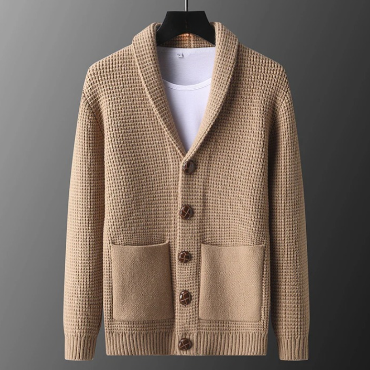 Men’s Waffle Knit Shawl Collar Button Up Sweater