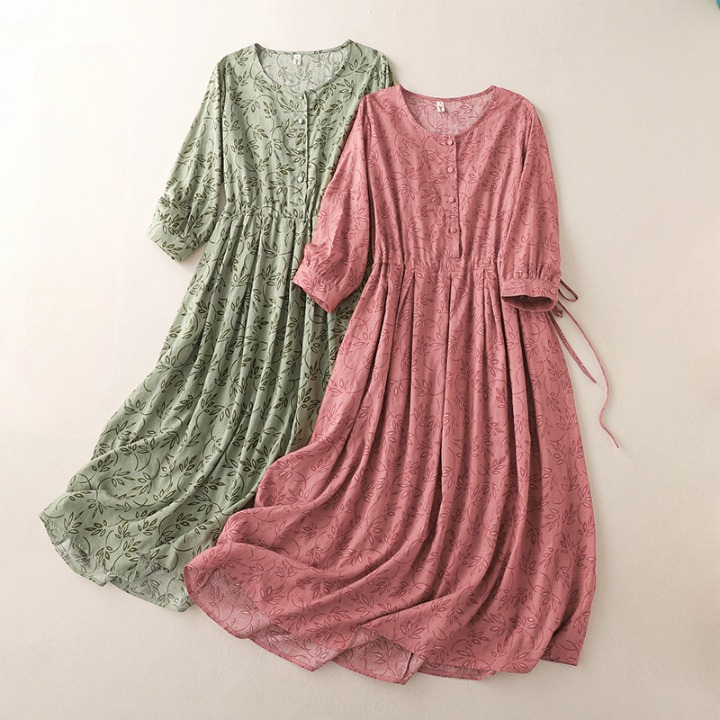 Women's Floral Cotton Linen Maxi Casual Dress