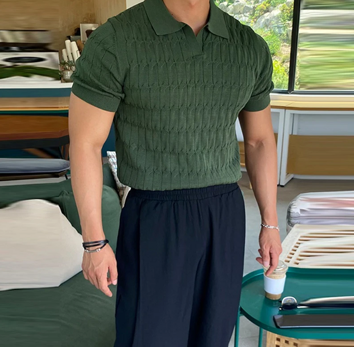 Men’s Textured Knit Polo Shirt - Fitted Short Sleeve Polo
