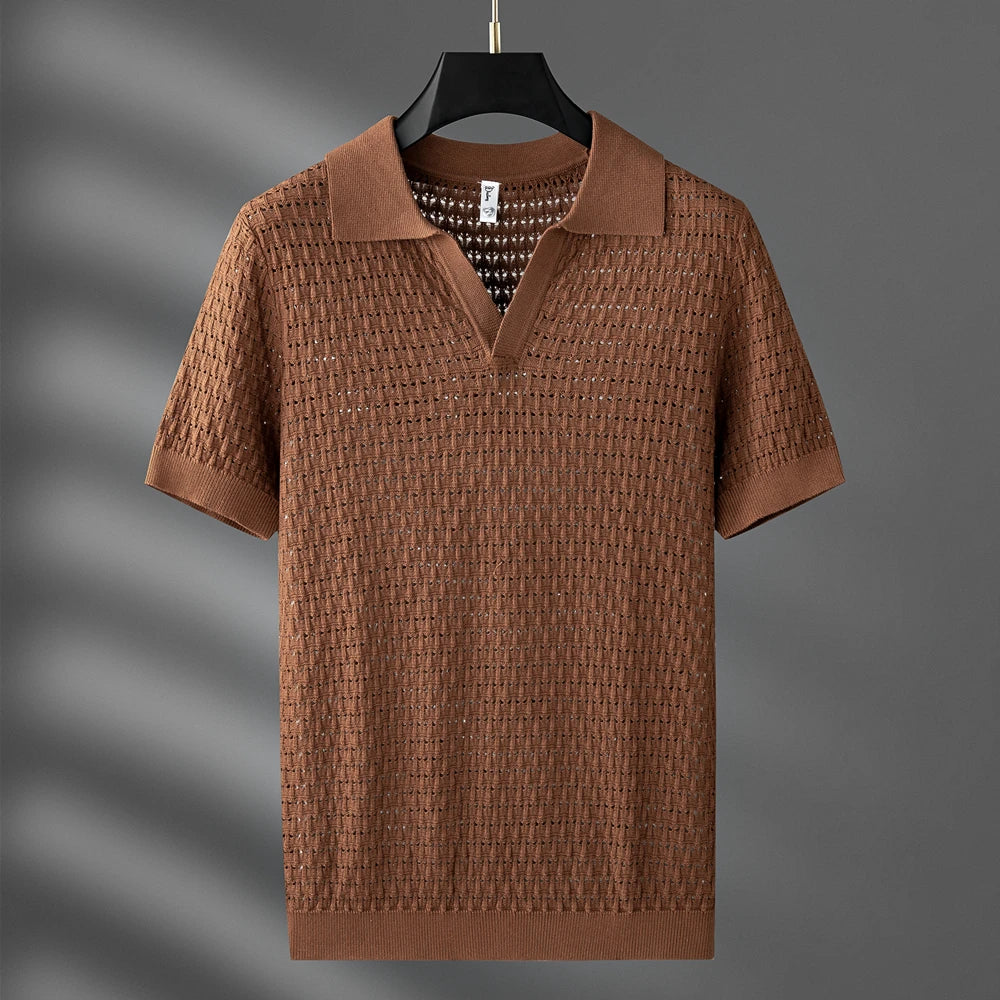 Men’s Open-Knit Polo Shirt - Breathable Short Sleeve Top