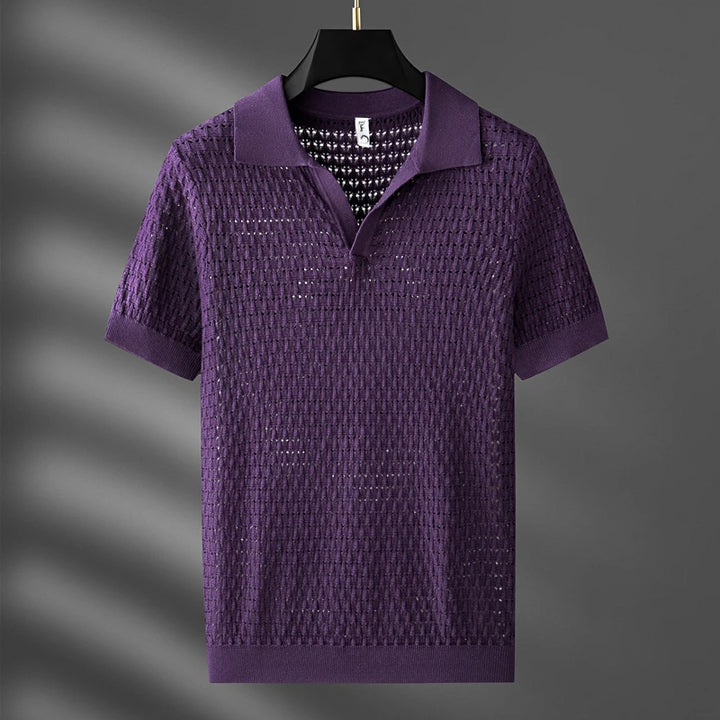 Men’s Open-Knit Polo Shirt - Breathable Short Sleeve Top