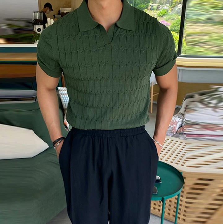 Men’s Textured Knit Polo Shirt - Fitted Short Sleeve Polo