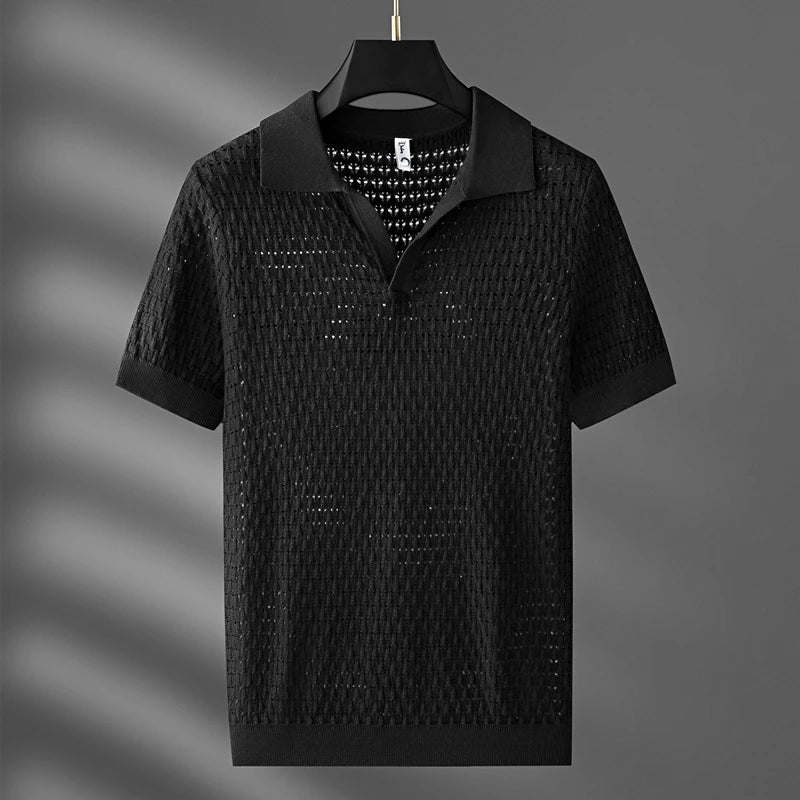 Men’s Open-Knit Polo Shirt - Breathable Short Sleeve Top
