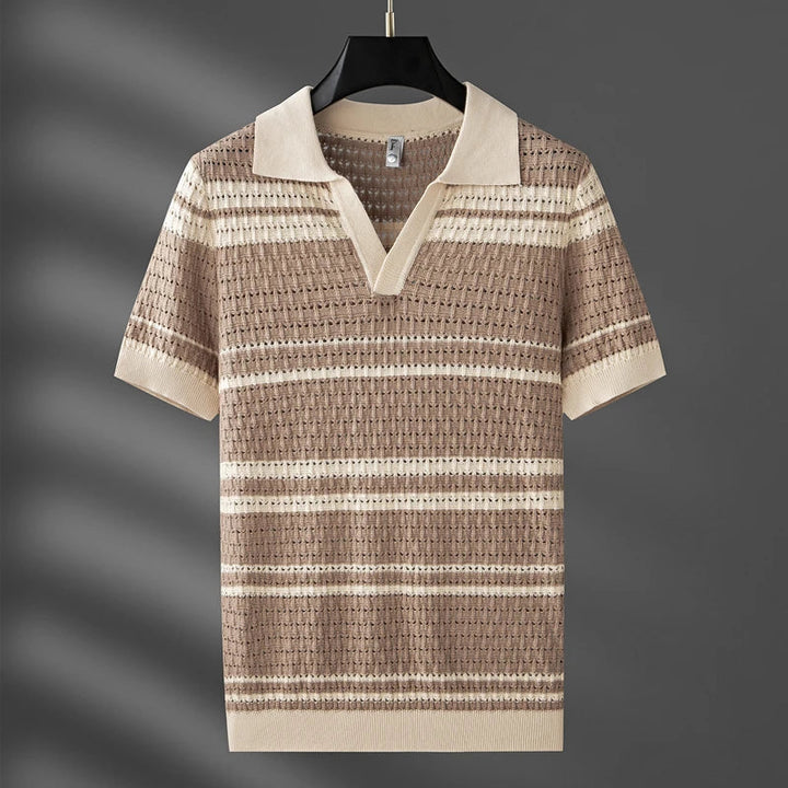 Men’s Striped Open-Knit Polo Shirt - Retro Short Sleeve Top