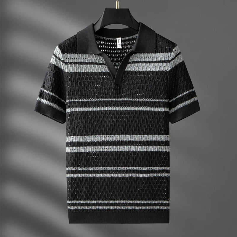 Men’s Striped Open-Knit Polo Shirt - Retro Short Sleeve Top