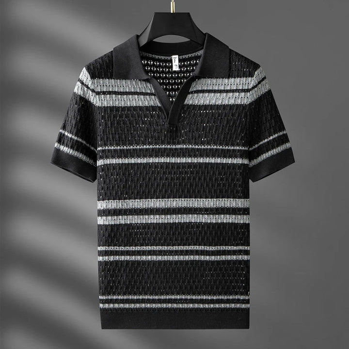 Men’s Striped Open-Knit Polo Shirt - Retro Short Sleeve Top