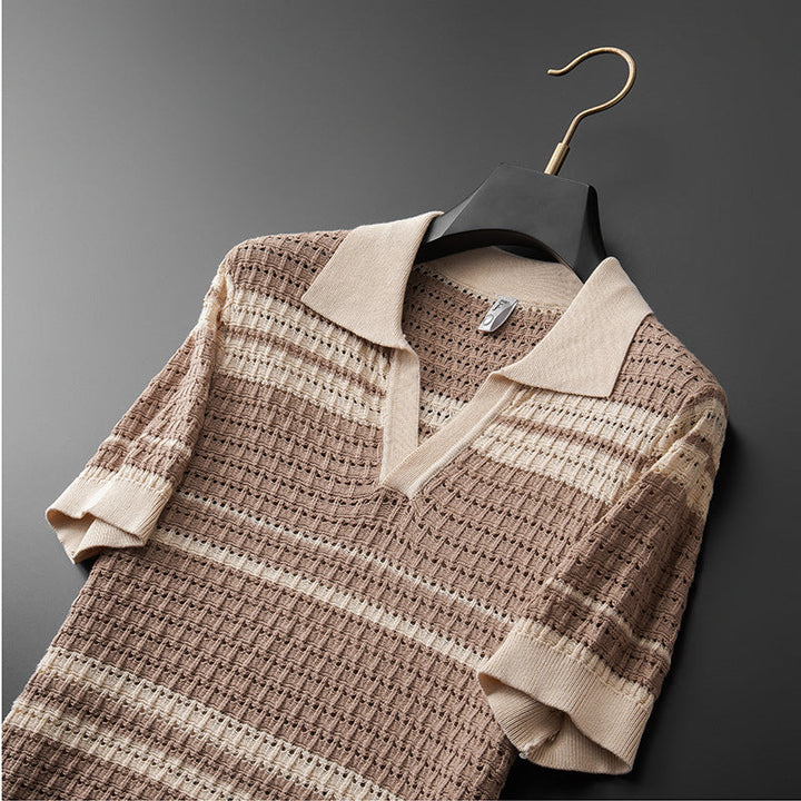 Men’s Striped Open-Knit Polo Shirt - Retro Short Sleeve Top
