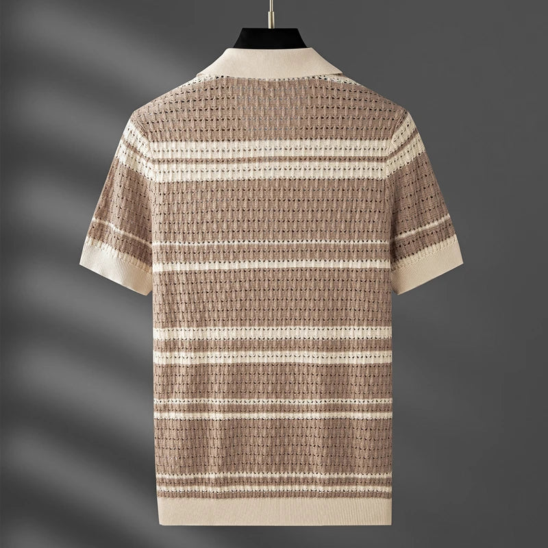 Men’s Striped Open-Knit Polo Shirt - Retro Short Sleeve Top