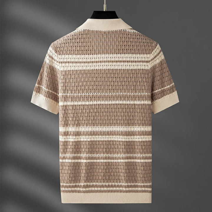 Men’s Striped Open-Knit Polo Shirt - Retro Short Sleeve Top