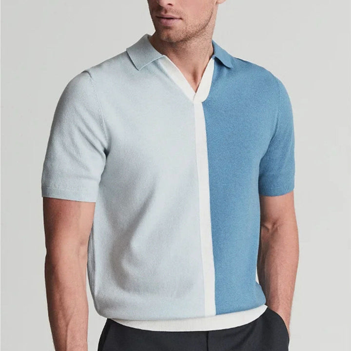 Men’s Two-Tone Split Polo Shirt - Contrast Short Sleeve Knit