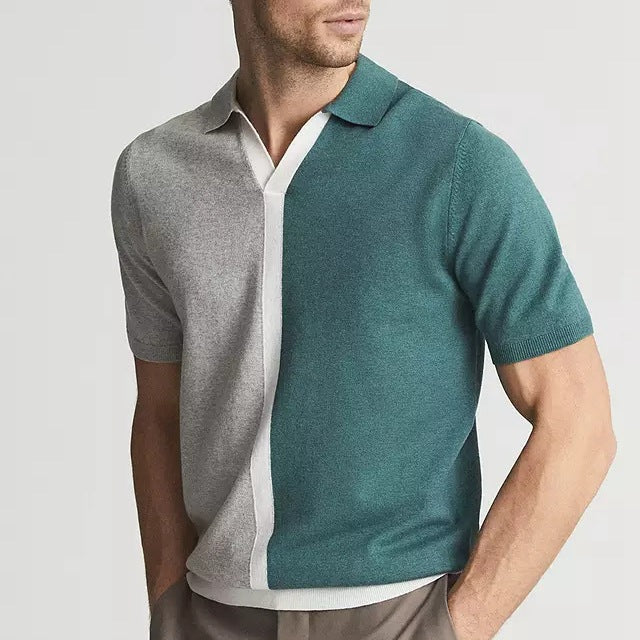 Men’s Two-Tone Split Polo Shirt - Contrast Short Sleeve Knit