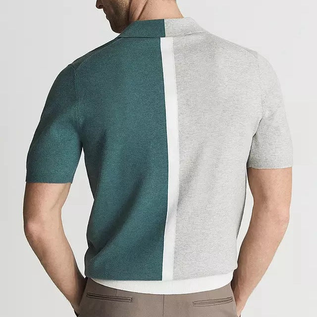 Men’s Two-Tone Split Polo Shirt - Contrast Short Sleeve Knit