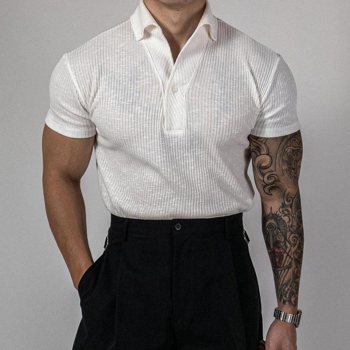 Men’s Ribbed Open-Collar Polo Shirt - Fitted Short Sleeve Knit