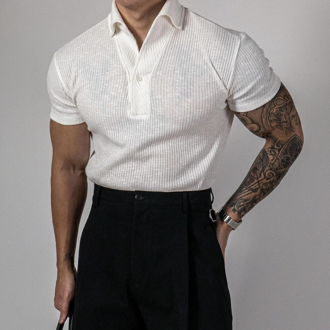 Men’s Ribbed Open-Collar Polo Shirt - Fitted Short Sleeve Knit