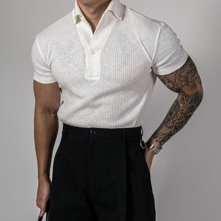 Men’s Ribbed Open-Collar Polo Shirt - Fitted Short Sleeve Knit