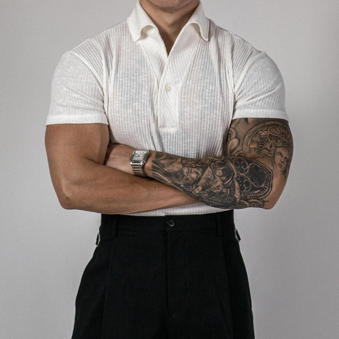 Men’s Ribbed Open-Collar Polo Shirt - Fitted Short Sleeve Knit