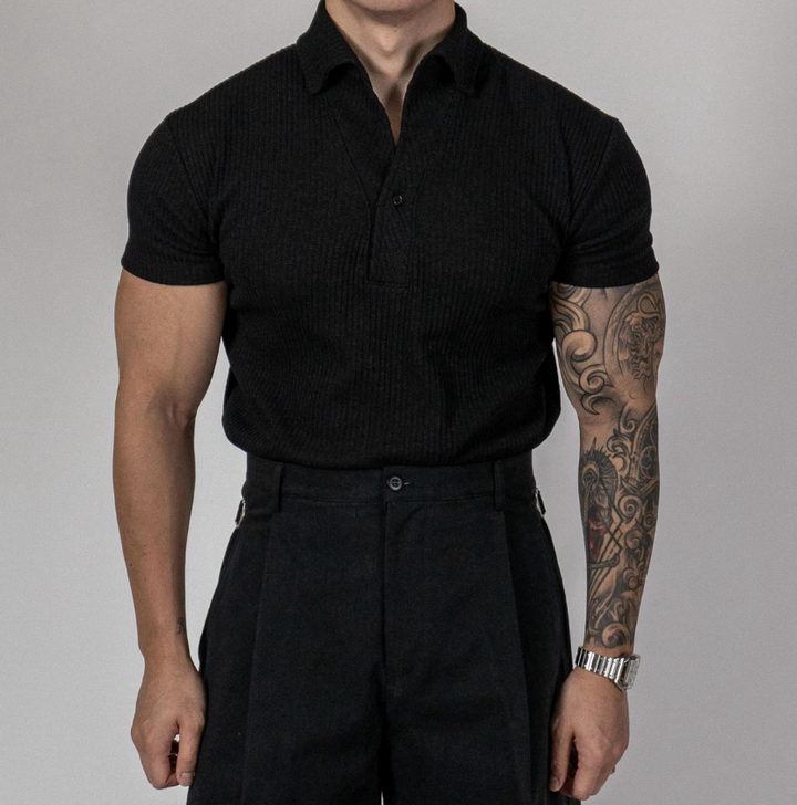 Men’s Ribbed Open-Collar Polo Shirt - Fitted Short Sleeve Knit