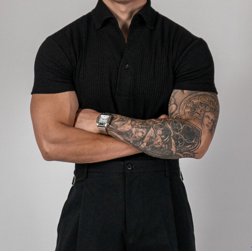 Men’s Ribbed Open-Collar Polo Shirt - Fitted Short Sleeve Knit