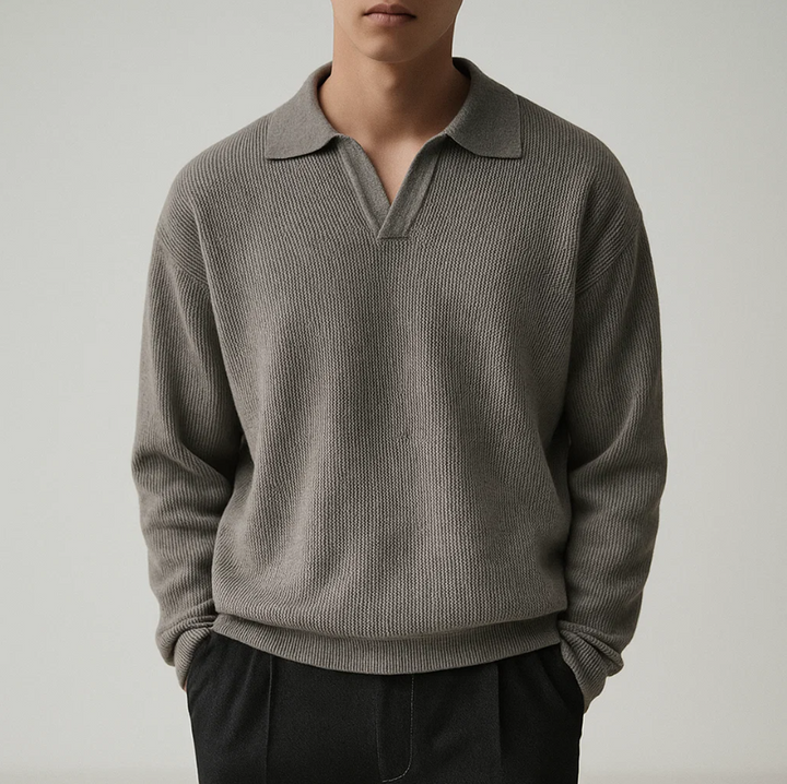 Men’s Knitted Long Sleeve Polo - Textured Knit Sweater