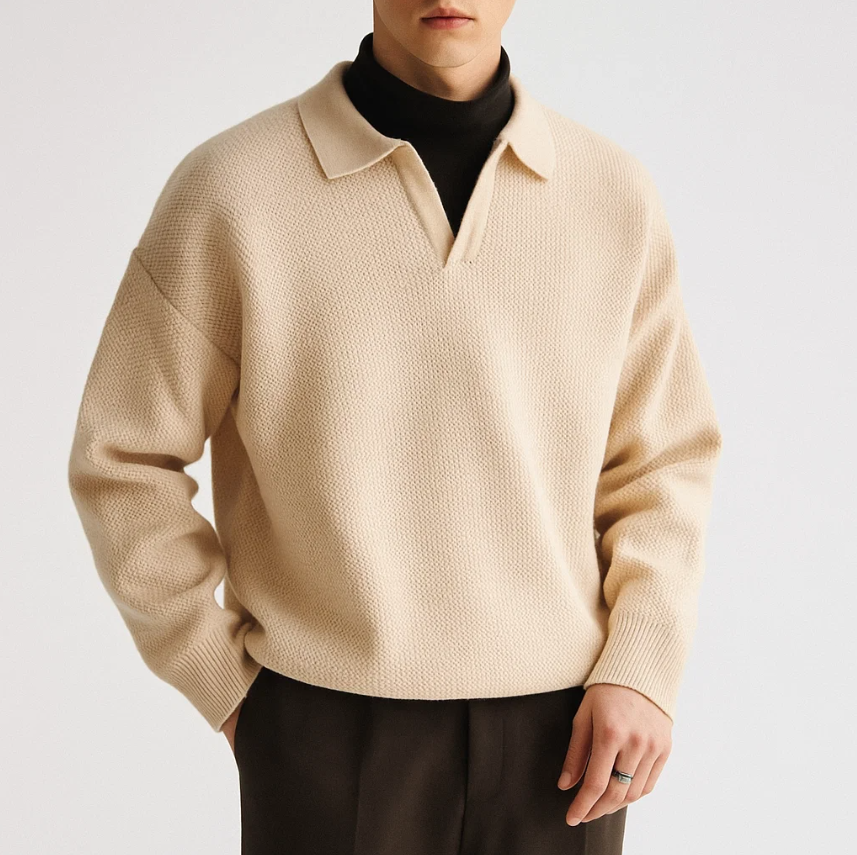 Men’s Knitted Long Sleeve Polo - Textured Knit Sweater