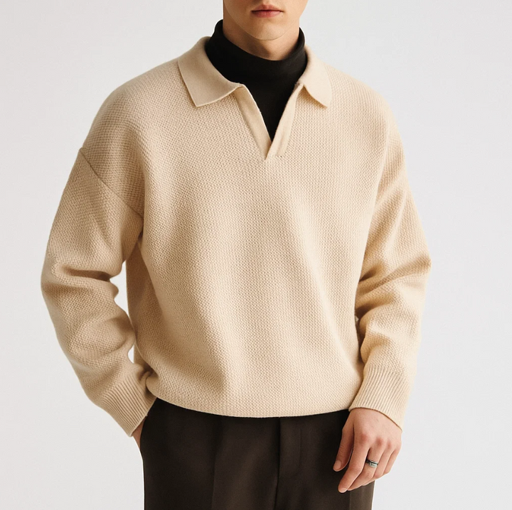 Men’s Knitted Long Sleeve Polo - Textured Knit Sweater