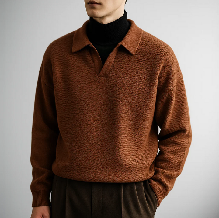 Men’s Knitted Long Sleeve Polo - Textured Knit Sweater