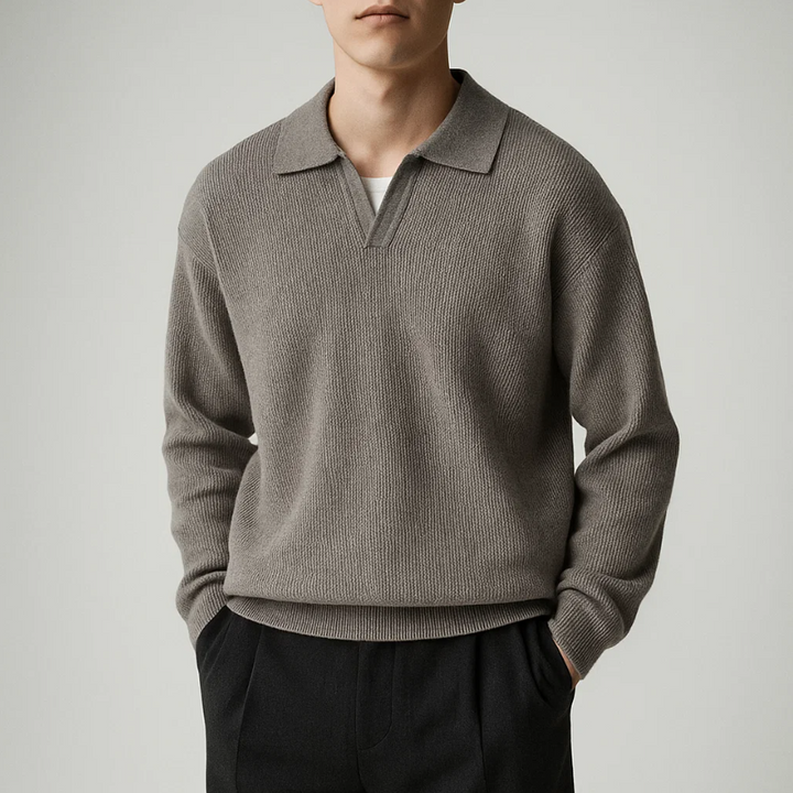 Men’s Knitted Long Sleeve Polo - Textured Knit Sweater