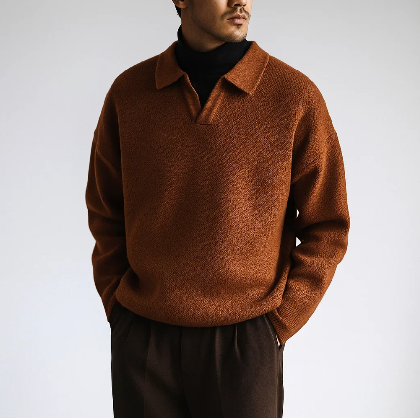 Men’s Knitted Long Sleeve Polo - Textured Knit Sweater