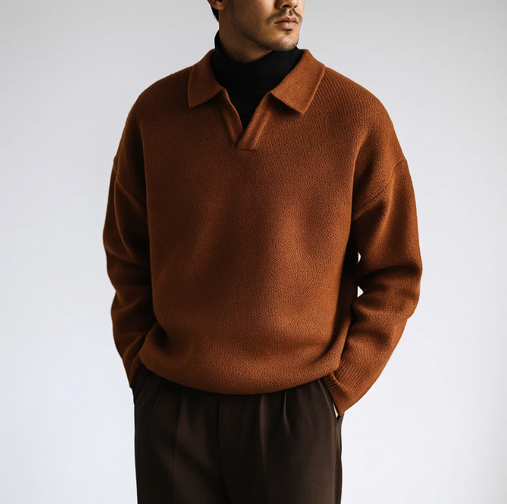 Men’s Knitted Long Sleeve Polo - Textured Knit Sweater